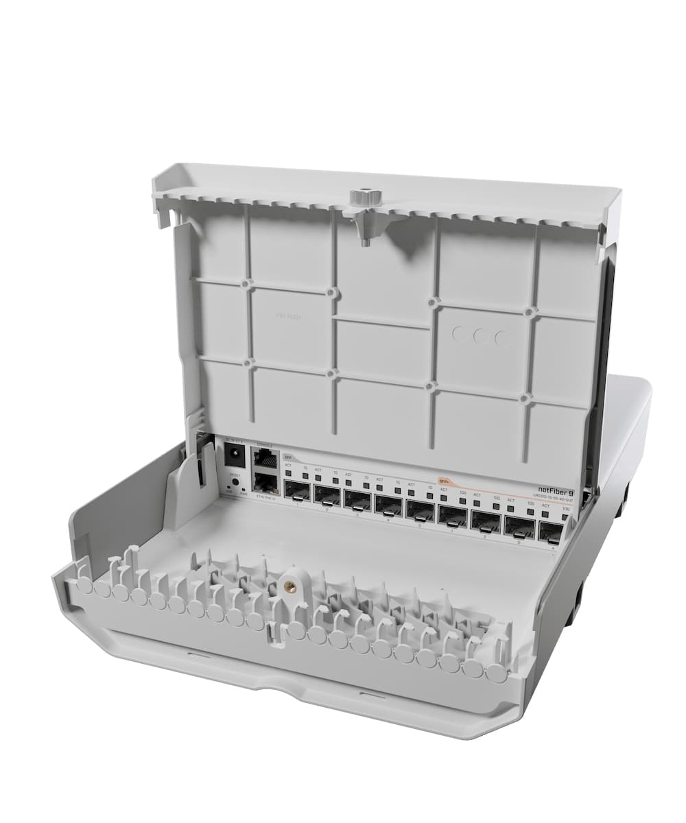 MikroTik netFiber 9 Dış ortam 10 G fiber switch • 4× SFP+ • 5× SFP • 1× RJ45 PoE-in Switch